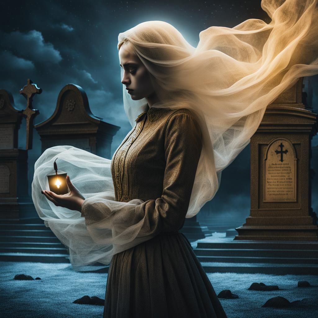 Melancholy Ghosts in Gloomy Cemetery at Night