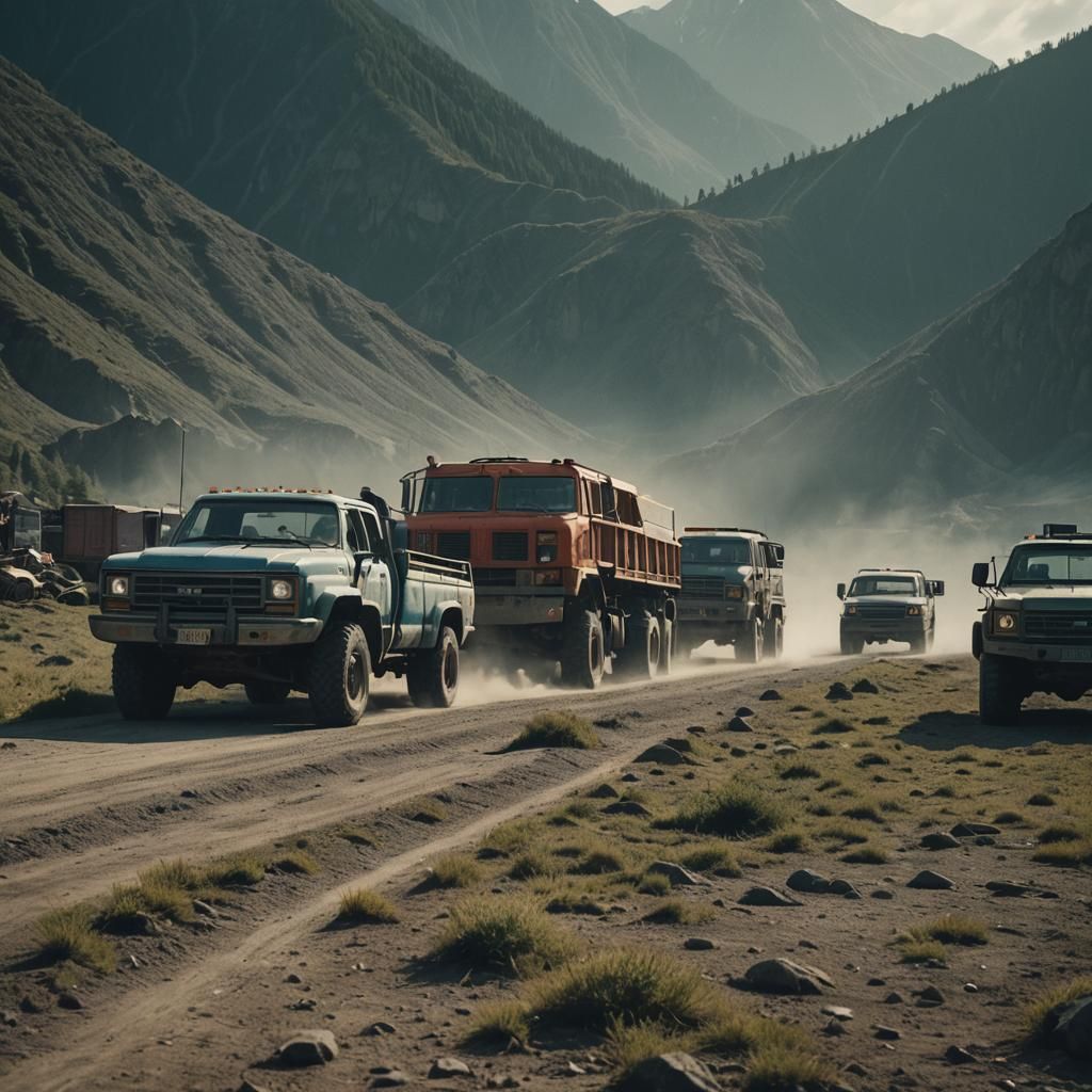 Dramatic Film Still of Trucks with Cinematic Lighting