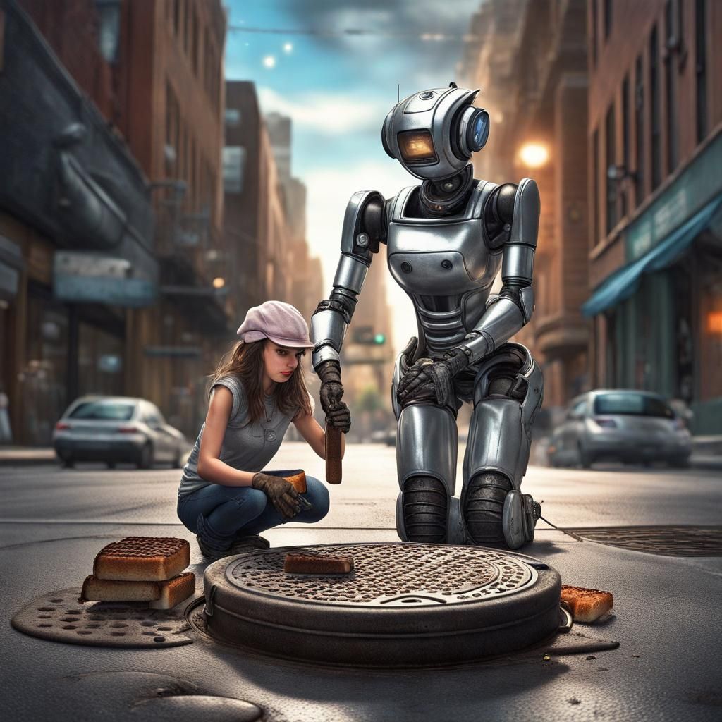 Astro-Girl Cleans Manhole with Robot Helper