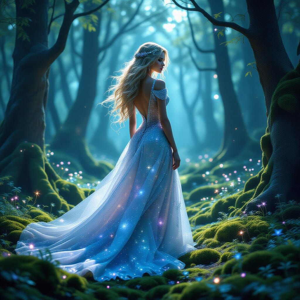 Celestial Woman in Bioluminescent Forest - Fantasy Art