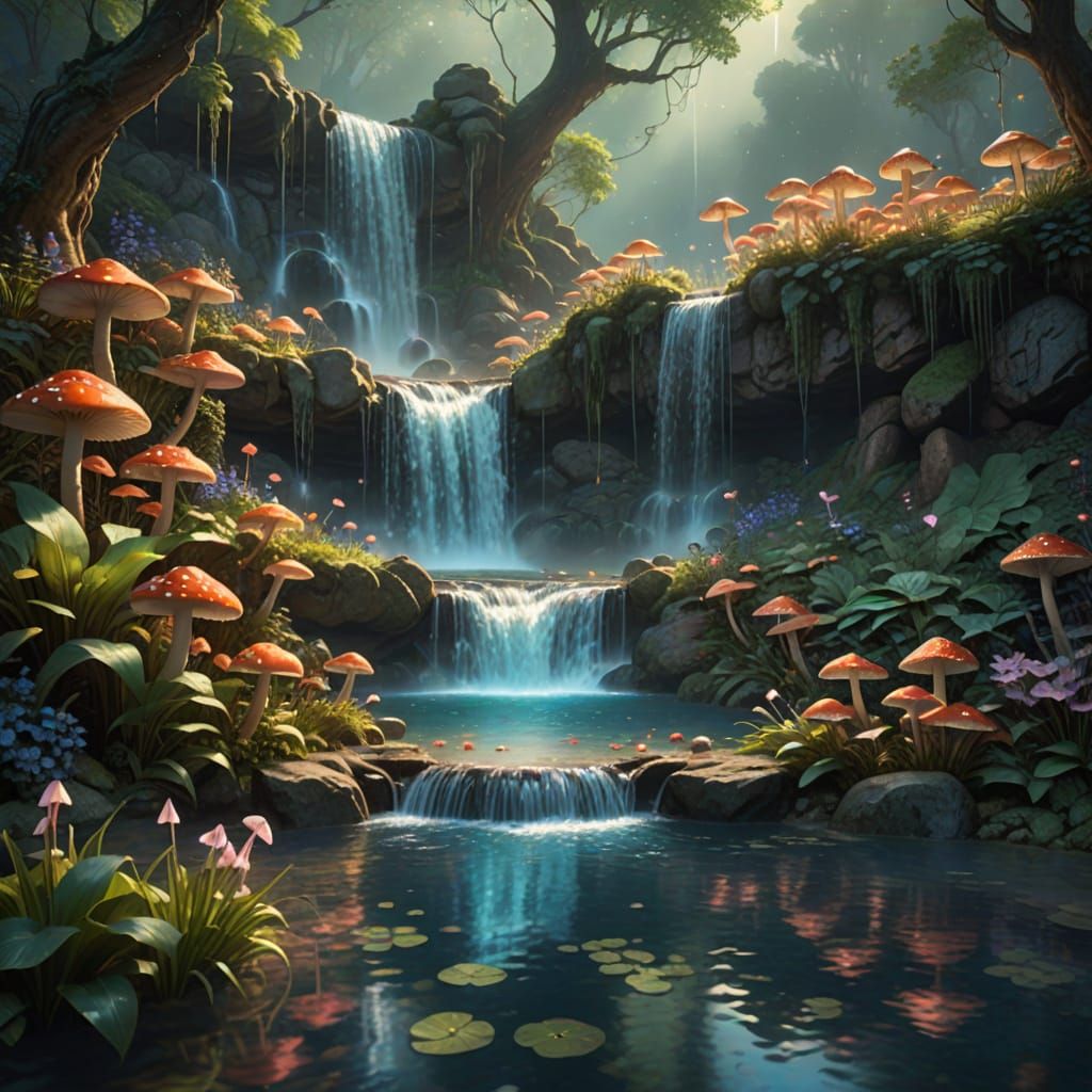 Glowing Mushrooms by a Waterfall: Ethereal Impressionism