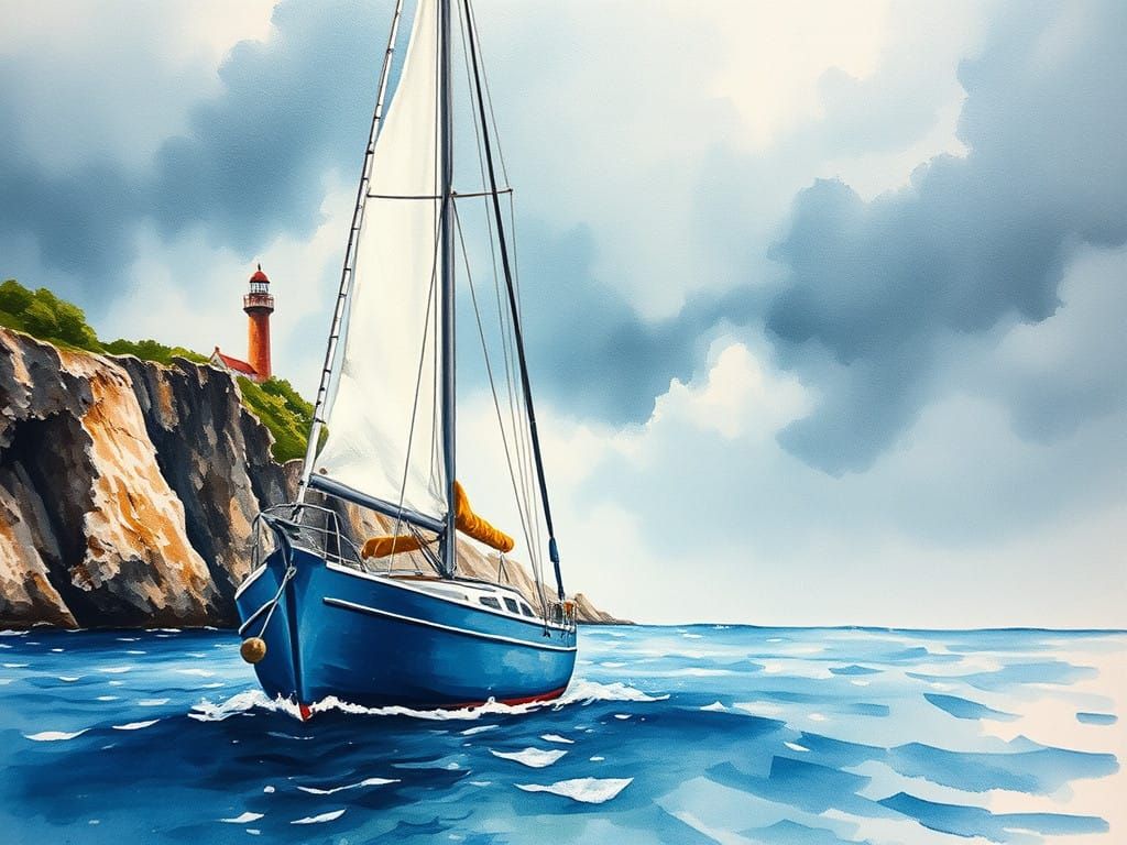 Sailboat Amidst Brittany Storm in Neo-Impressionist Style