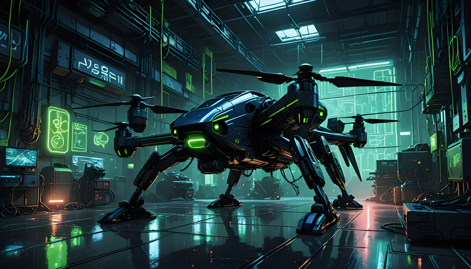 Cyberpunk Drones in Warehouse, Digital Art Style
