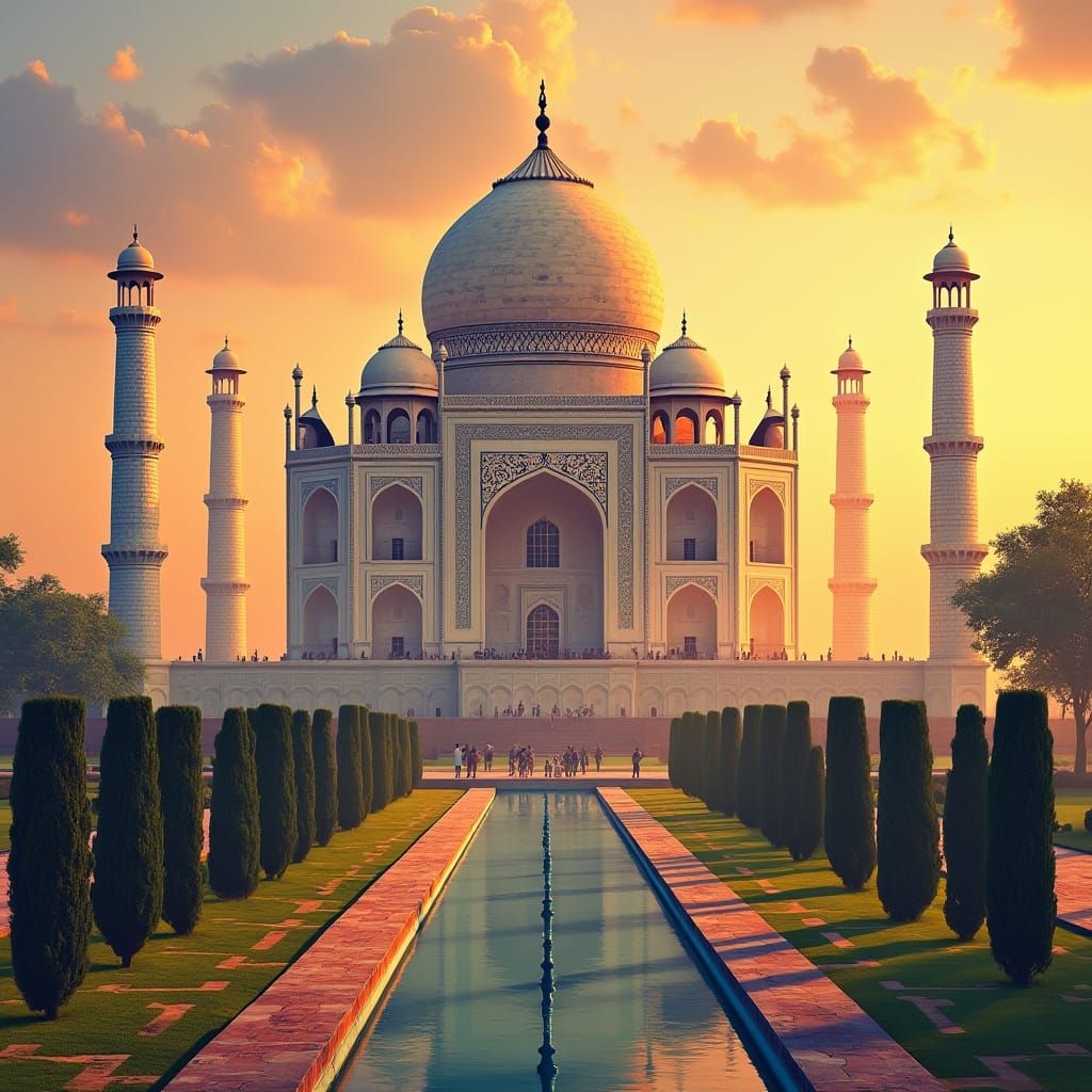 Taj Mahal Sunrise: Intricate Marble and Lush Gardens