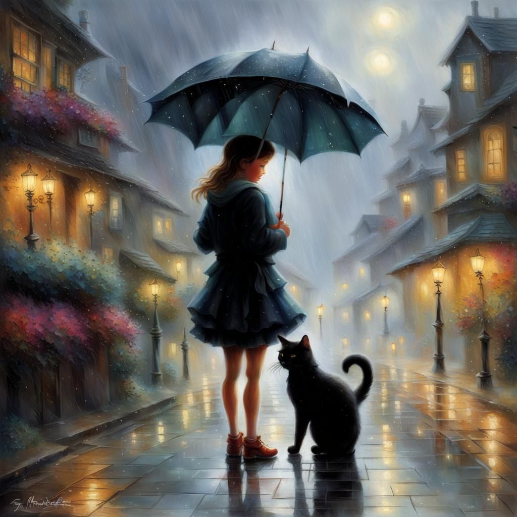 Girl and Cat in Rainy Fantasy Scene