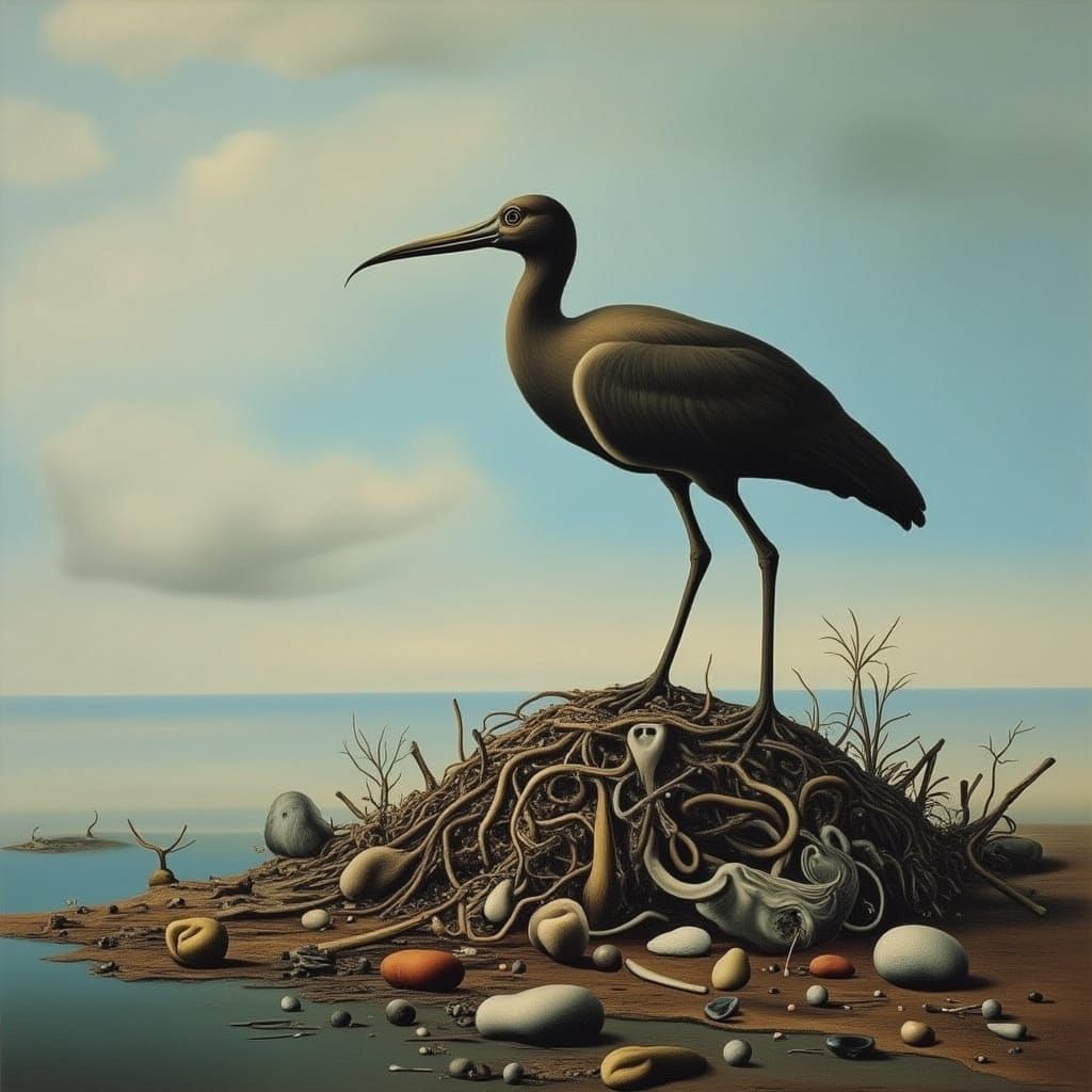 Ibis on Garbage Island in Dystopian Art Style