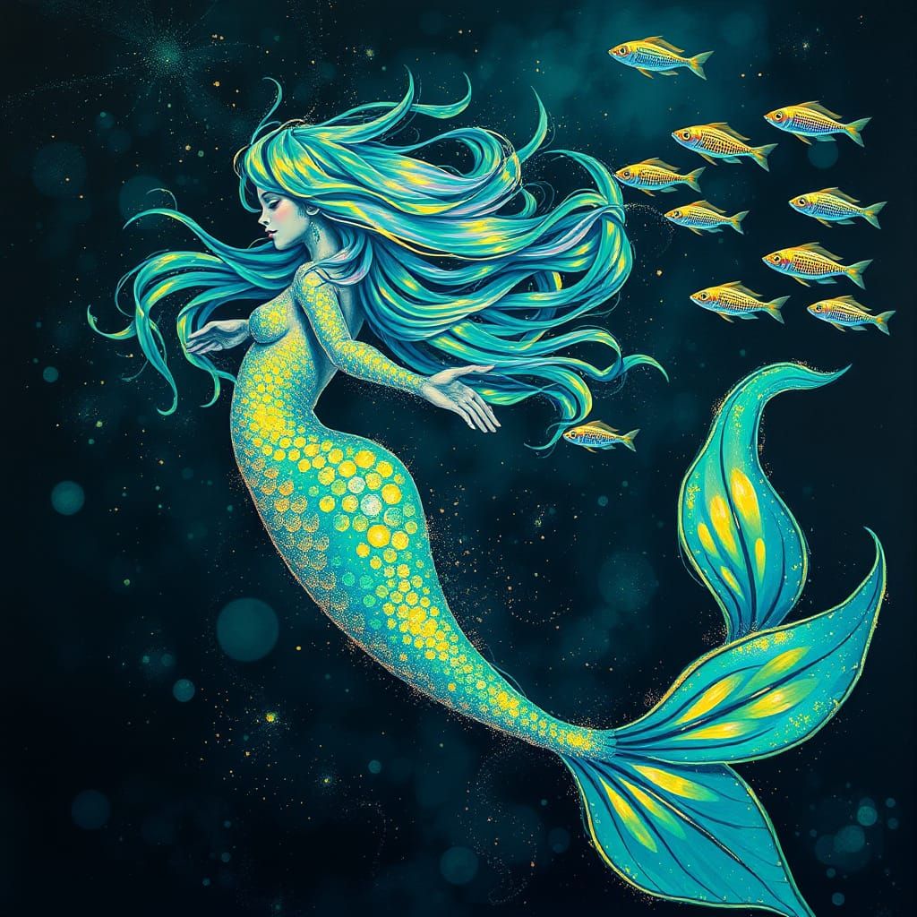 Vibrant Mermaid in Oceanic Splendor, Iridescent and Glitteri...