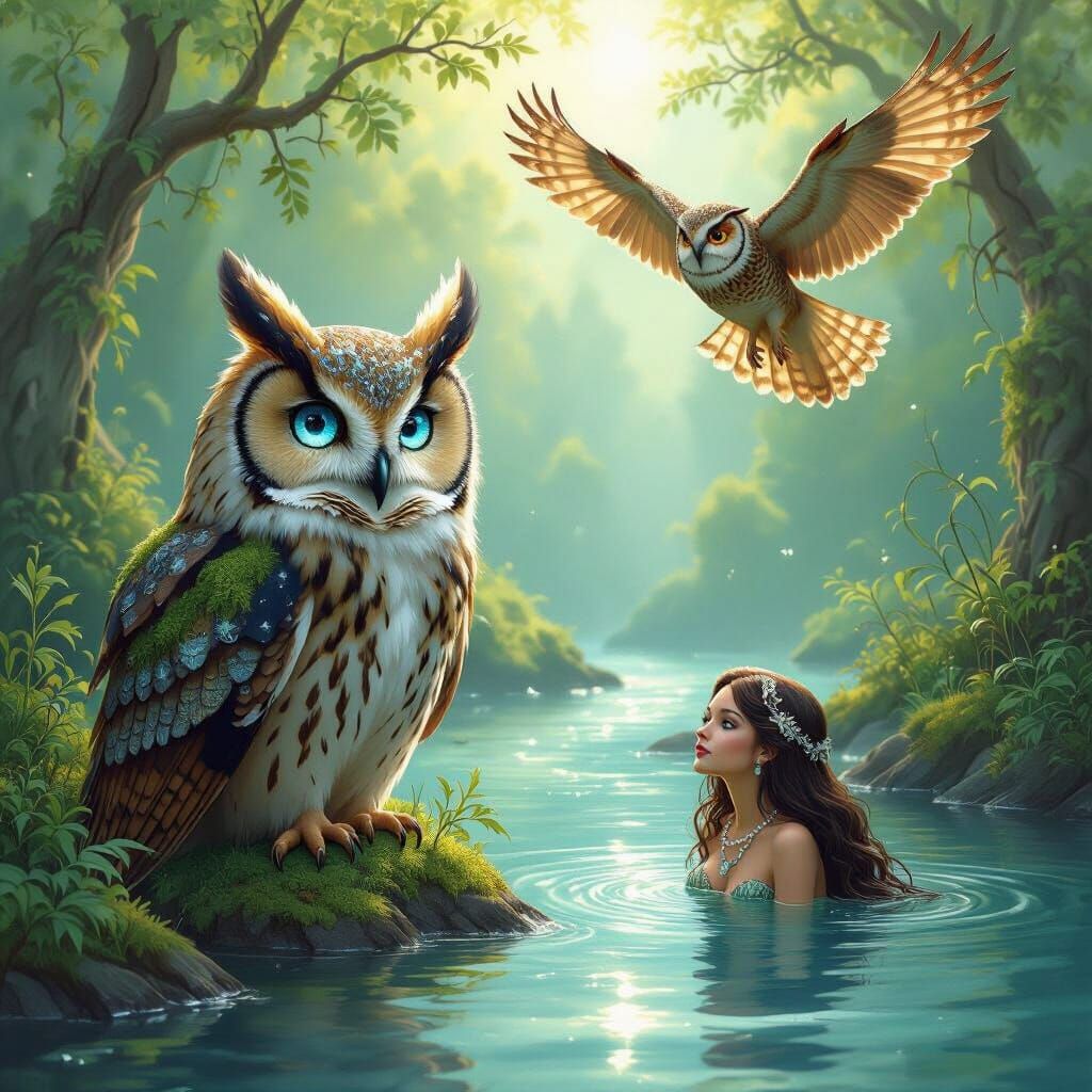 Wise Owl, Mermaid, and River Scene in Fantasy Style