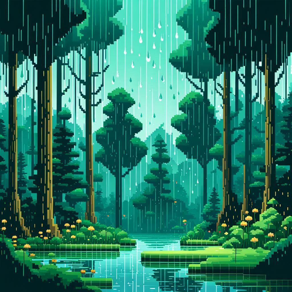 Pixel Art Forest in the Rain