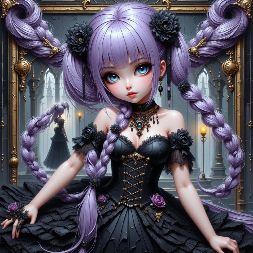 Anime Chibi Neko with Braided Hair in Gothic Ballroom