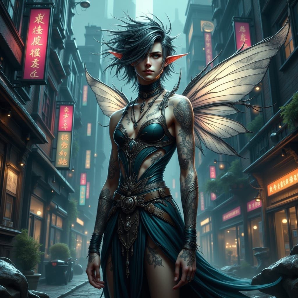 Ethereal Fae in Cyberpunk Cityscape