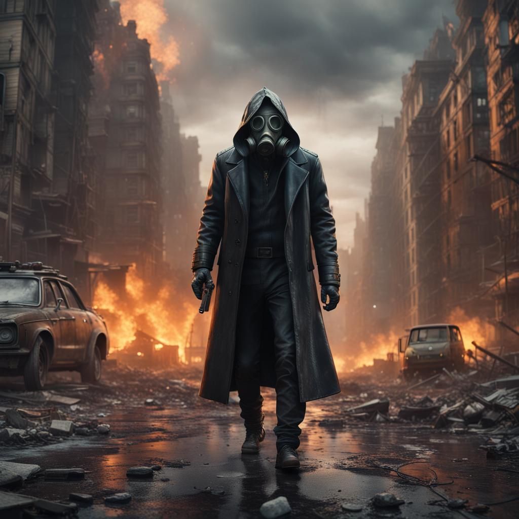 Apocalyptic Cityscape with Figure in Gas Mask