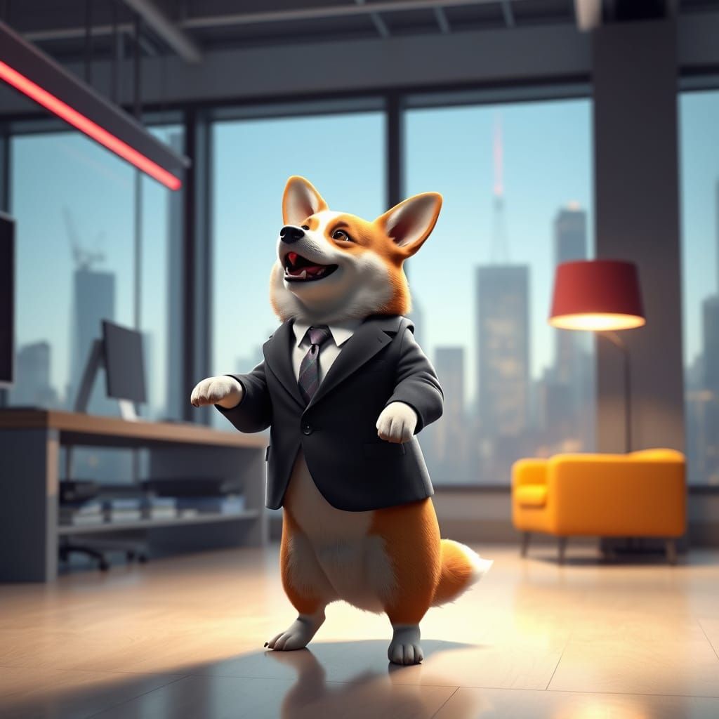 Corgi CEO Commands Office in Futuristic Business Suit