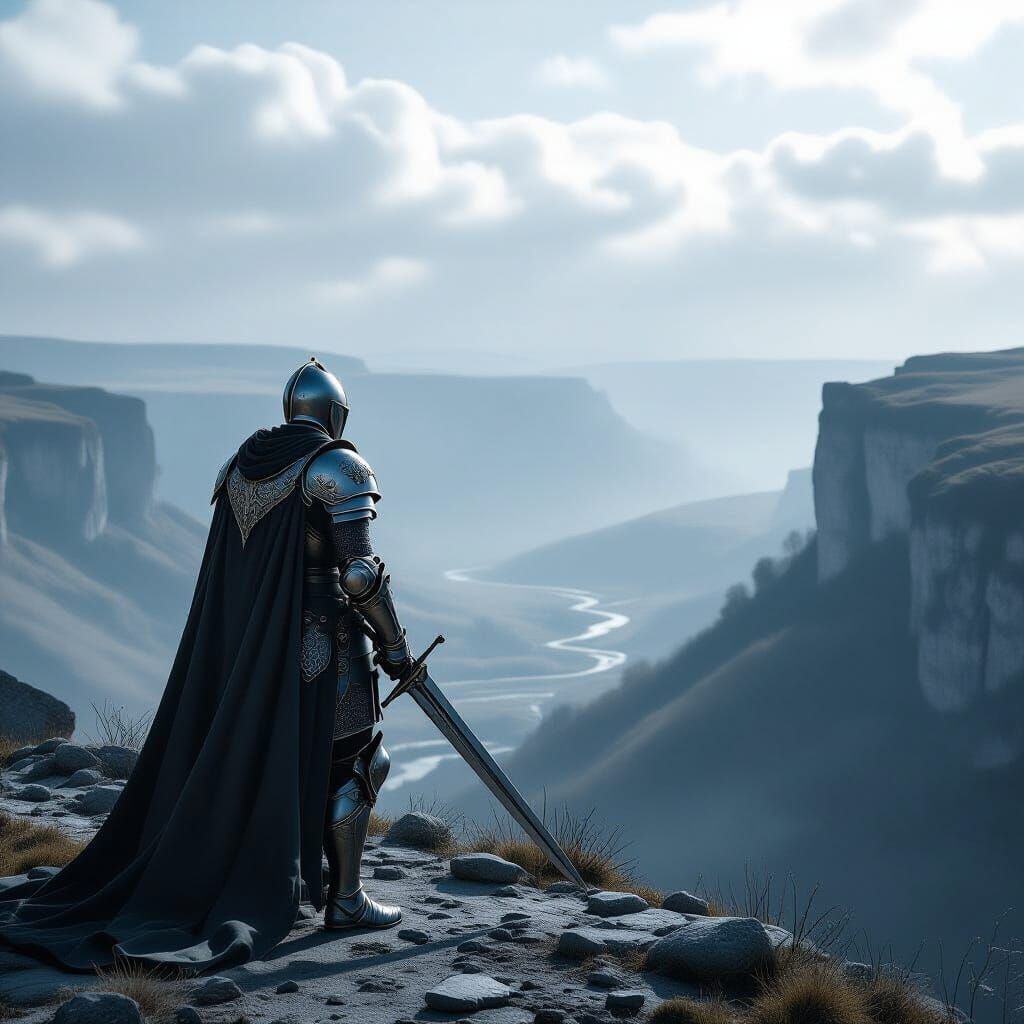 Knight on Windswept Cliff Overlooking Shadowed Valley