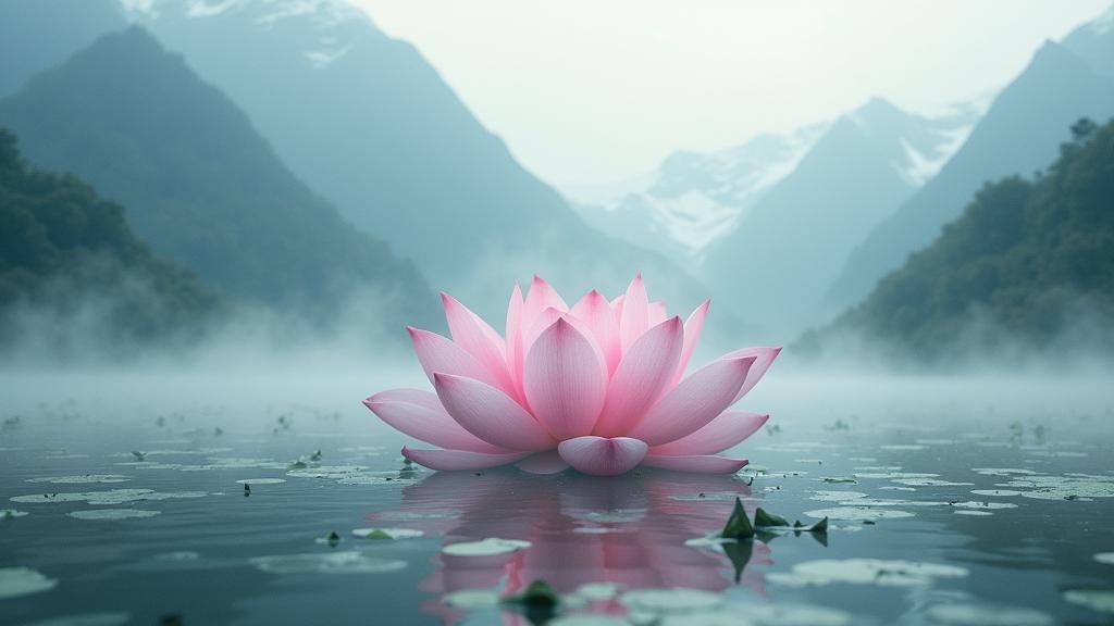 Gigantic Lotus Flower in Misty Mountain Lake
