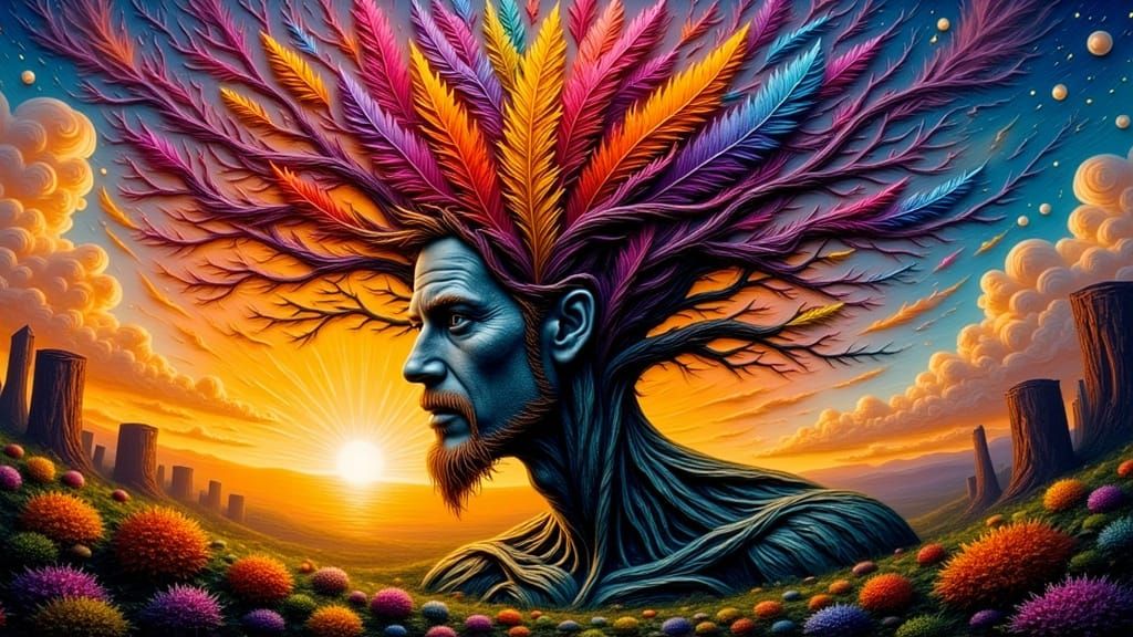 Fractal Faced Man with Rainbow Moss: A Digital Art Dreamscap...