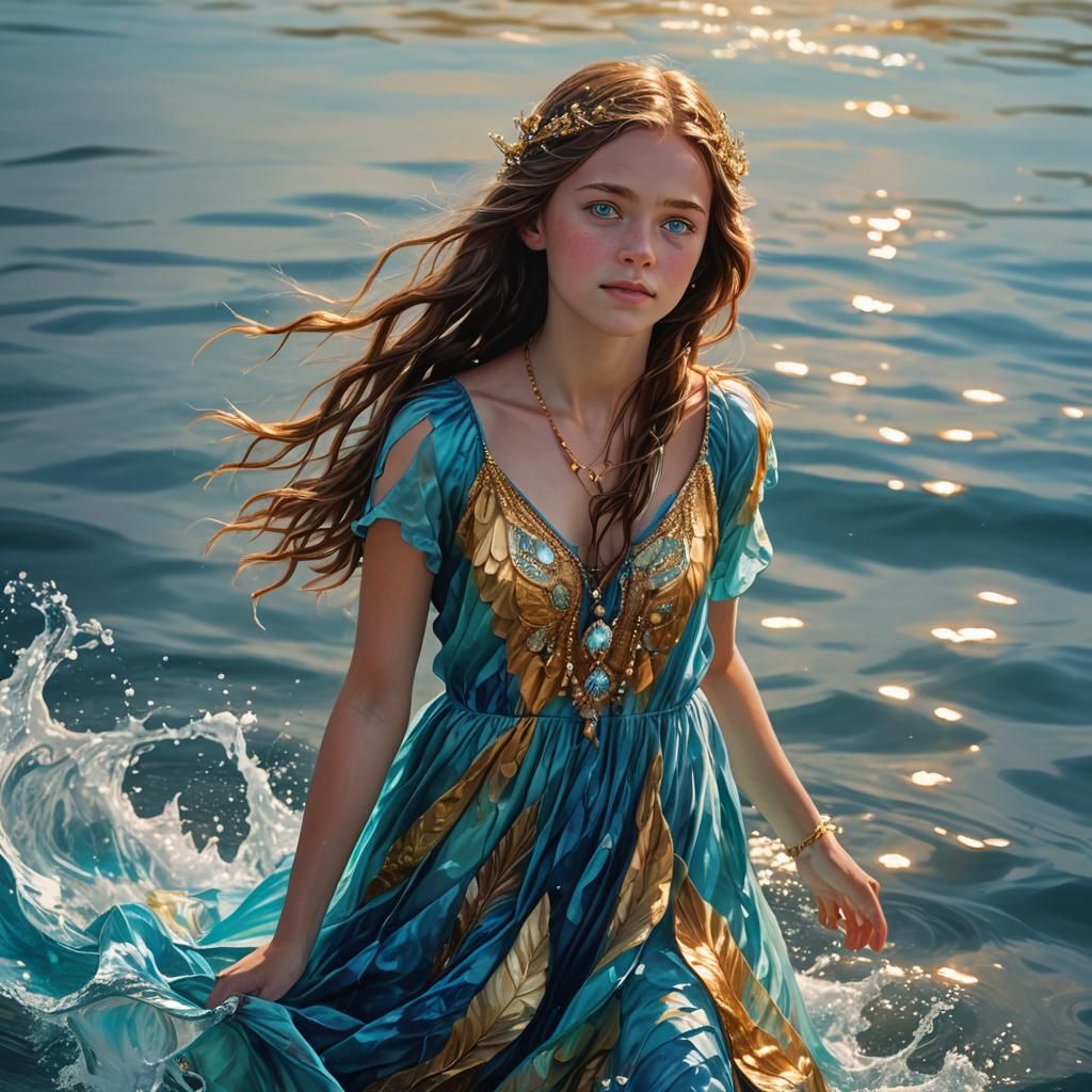 Girl Walking on Water in Ethereal Lighting