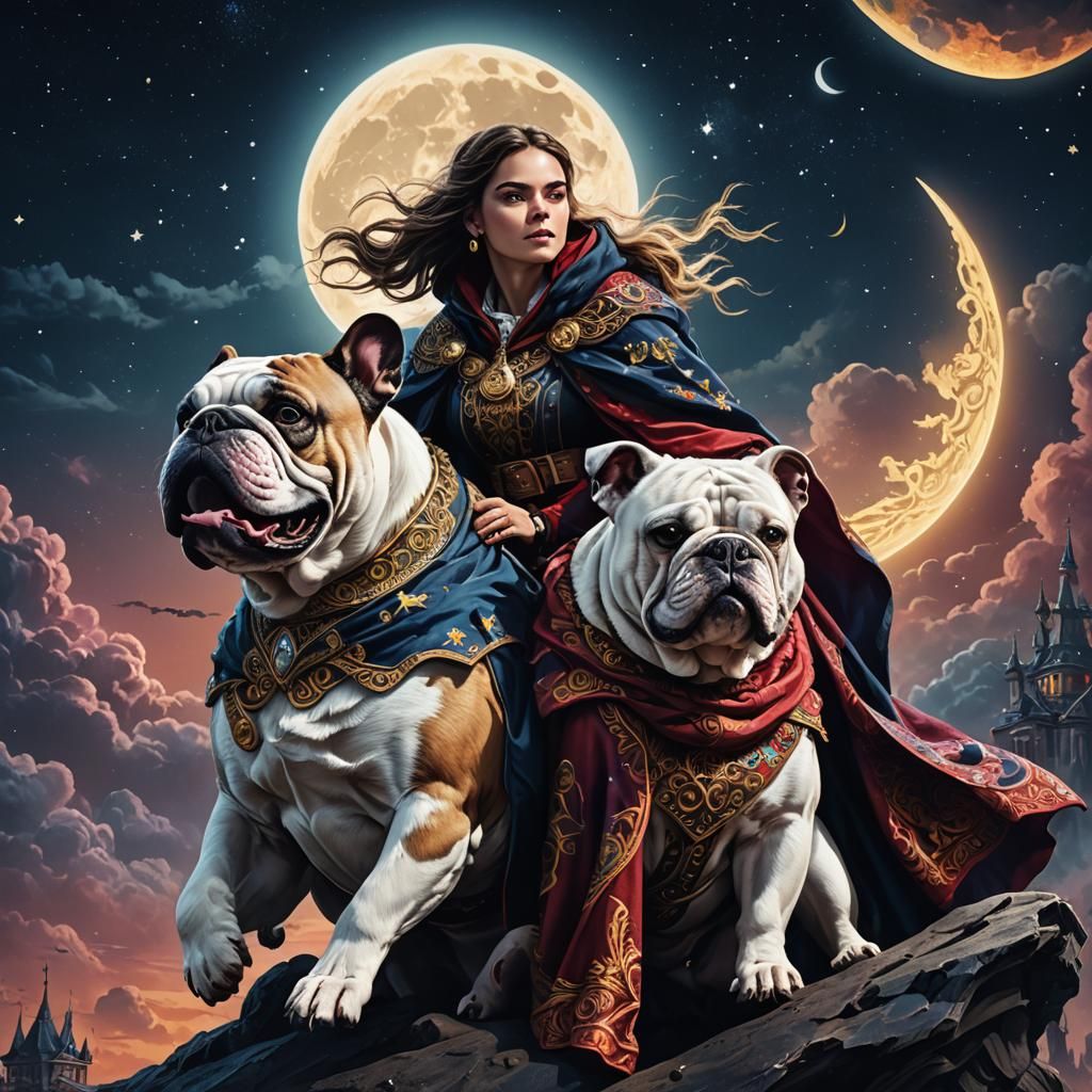 Woman Rides Bulldog in Moonlit Sky: Digital Matte Painting