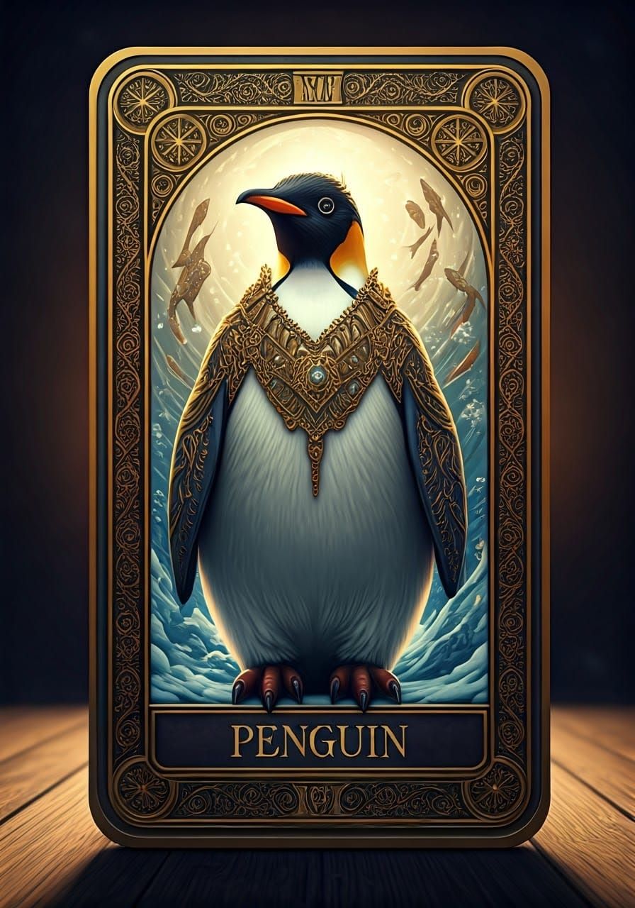 Regal Penguin Tarot Card in Ornate Fantasy Style