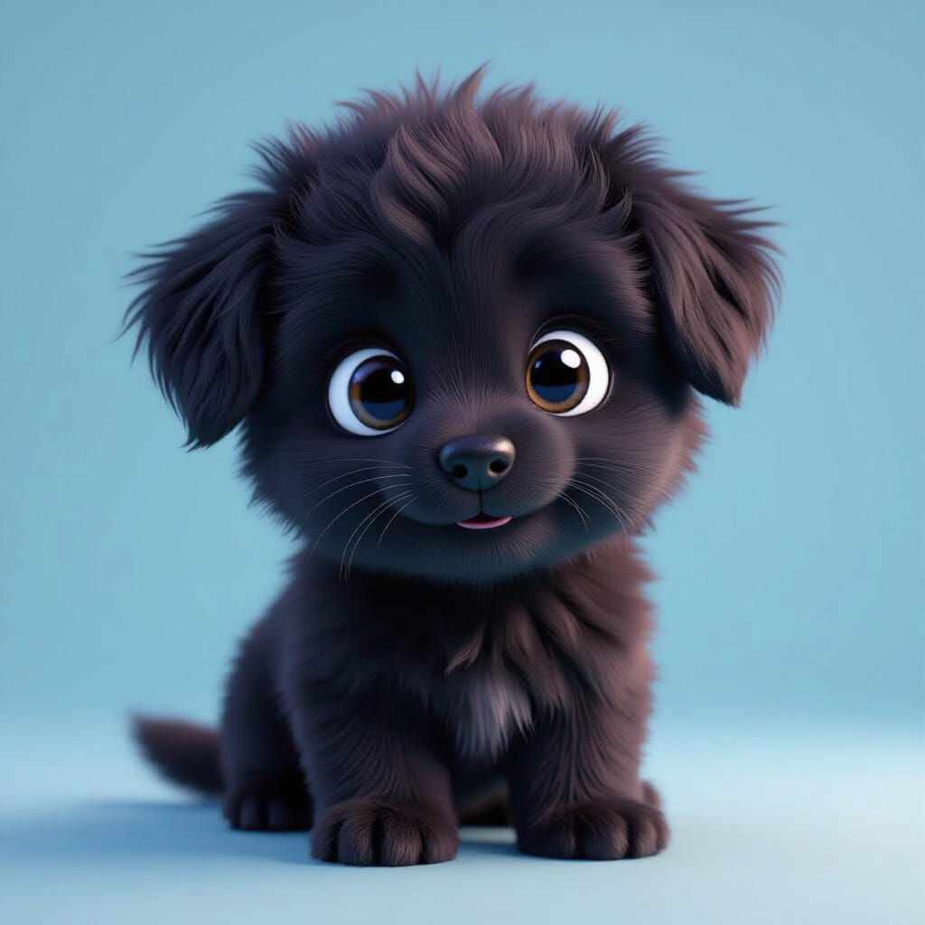 Fluffy Black Puppy with Expressive Eyes on Gradient Backgrou...