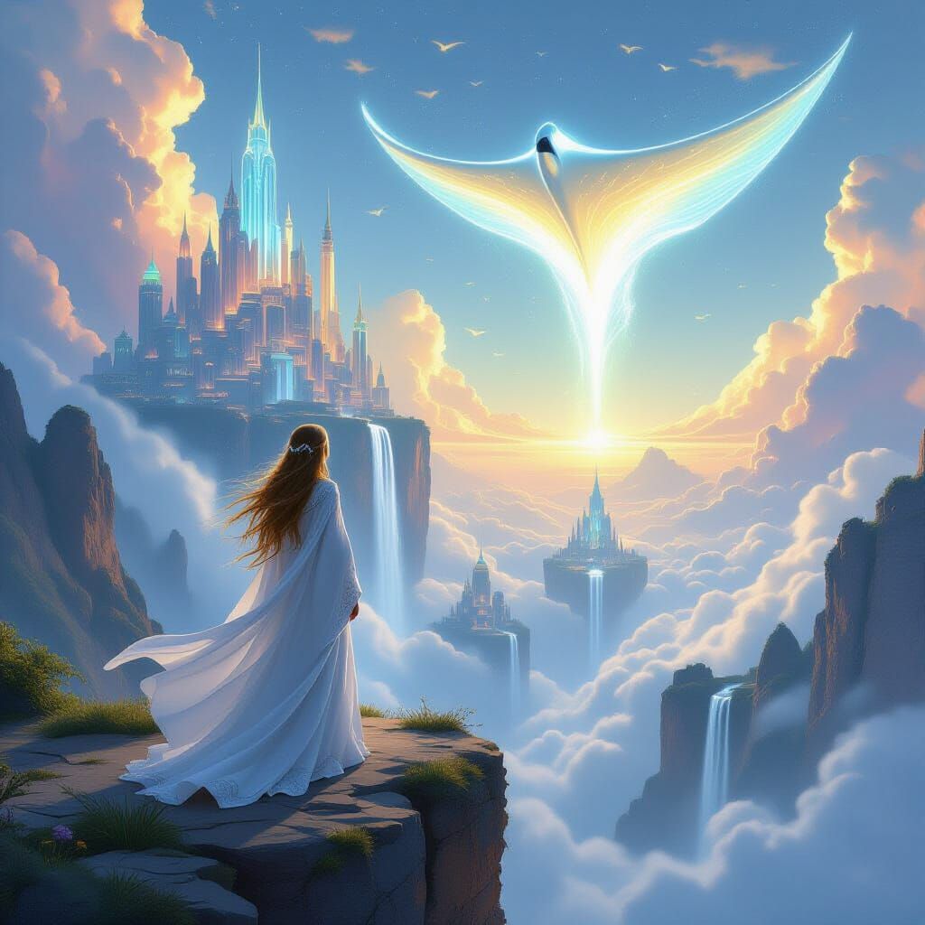 Floating City with Bioluminescent Crystals in Digital Painti...