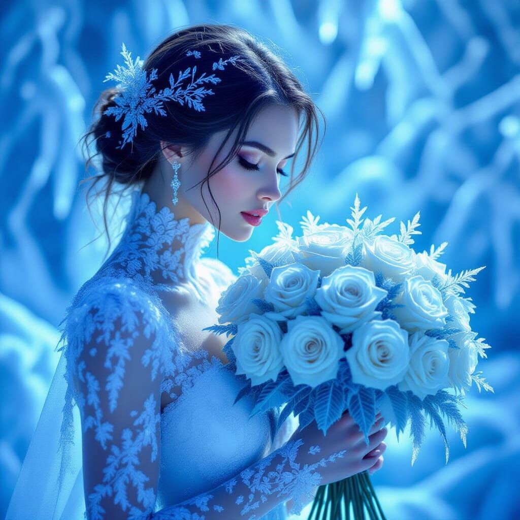 Ice Woman With Frost Roses in Ethereal Blue Light