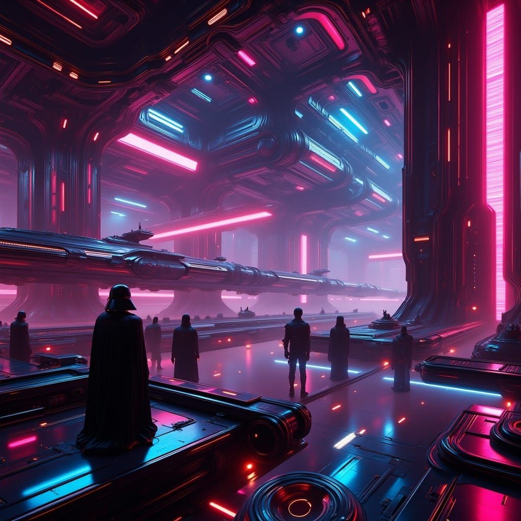 Futuristic Neon Workspace with Holographic Displays