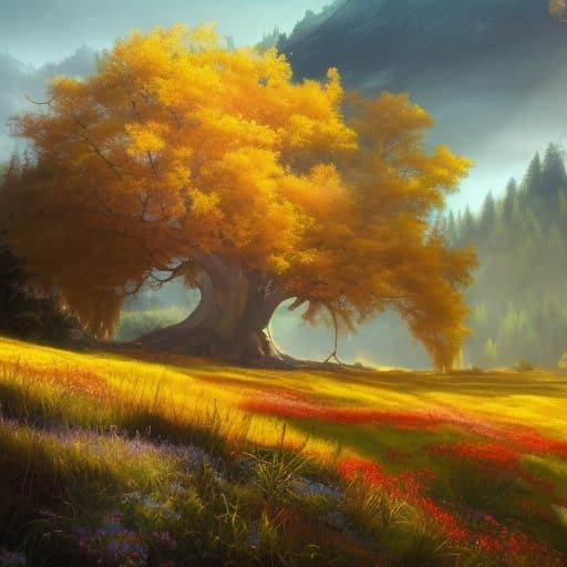 Golden Elder Aspen Tree in Sunlit Meadow