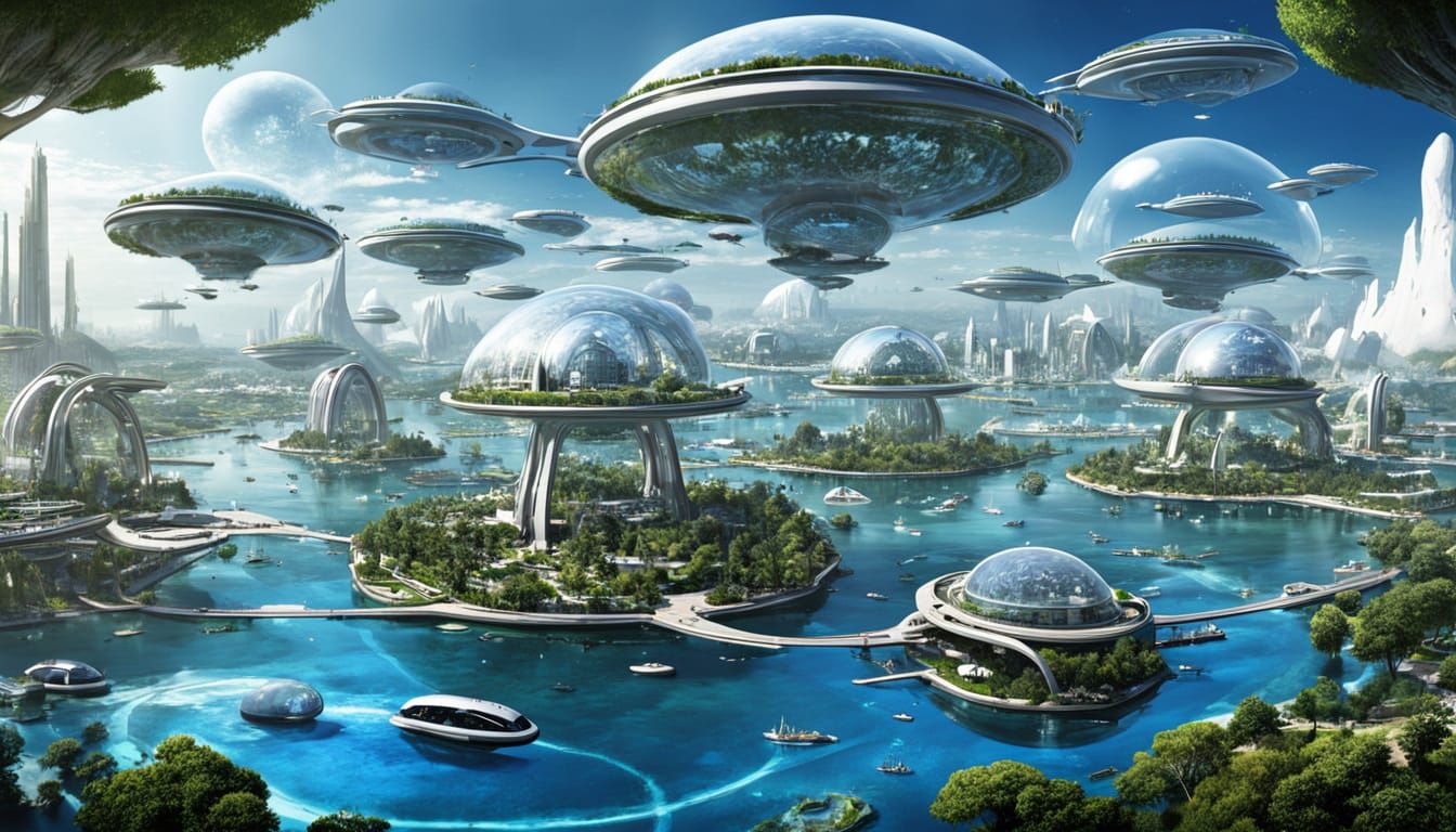 Futuristic Alien Cities Floating on Water Planet