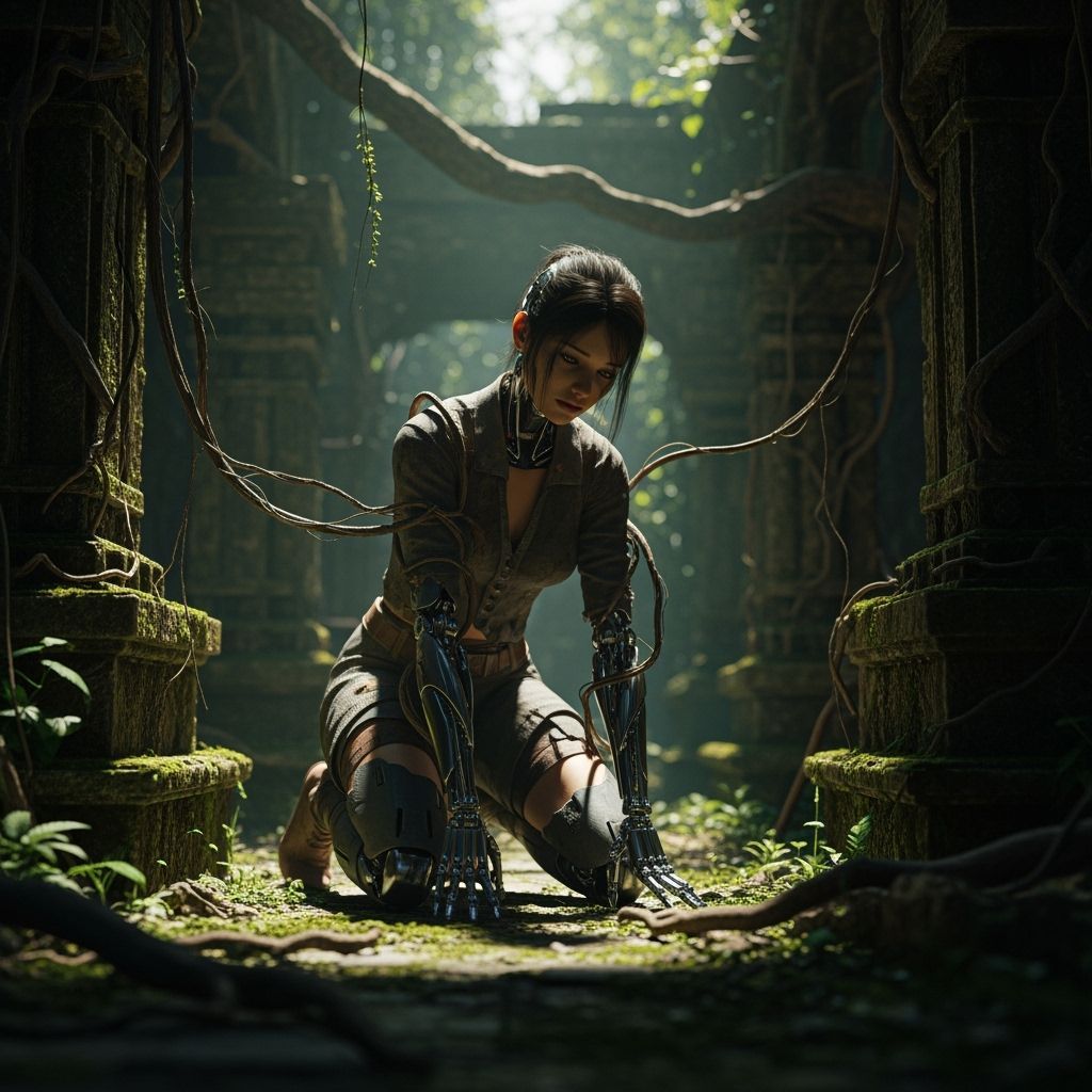 Cyborg Kneeling in Overgrown Temple Ruins