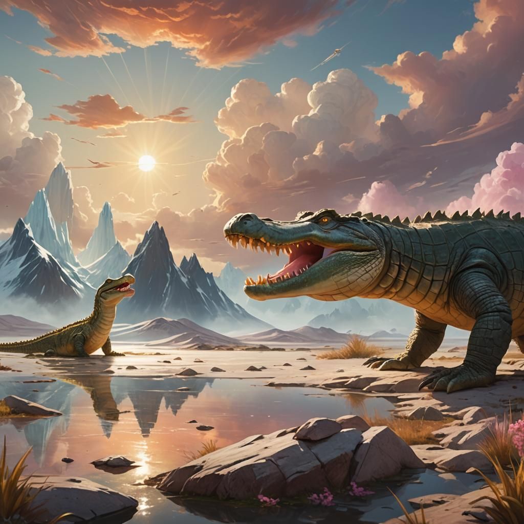 Crocodile vs Alligator in Dreamlike Surrealism