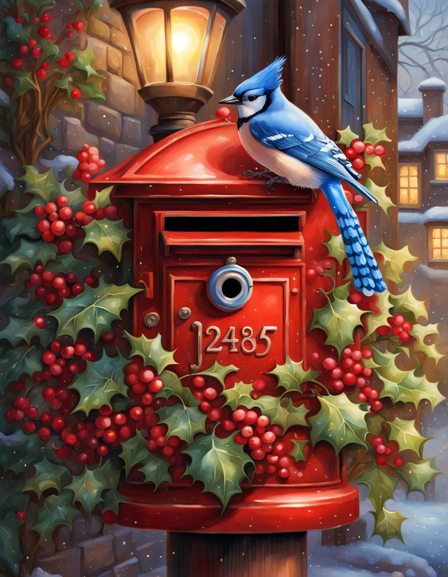 Christmas Mailbox with Blue Jay in Kinkade Style