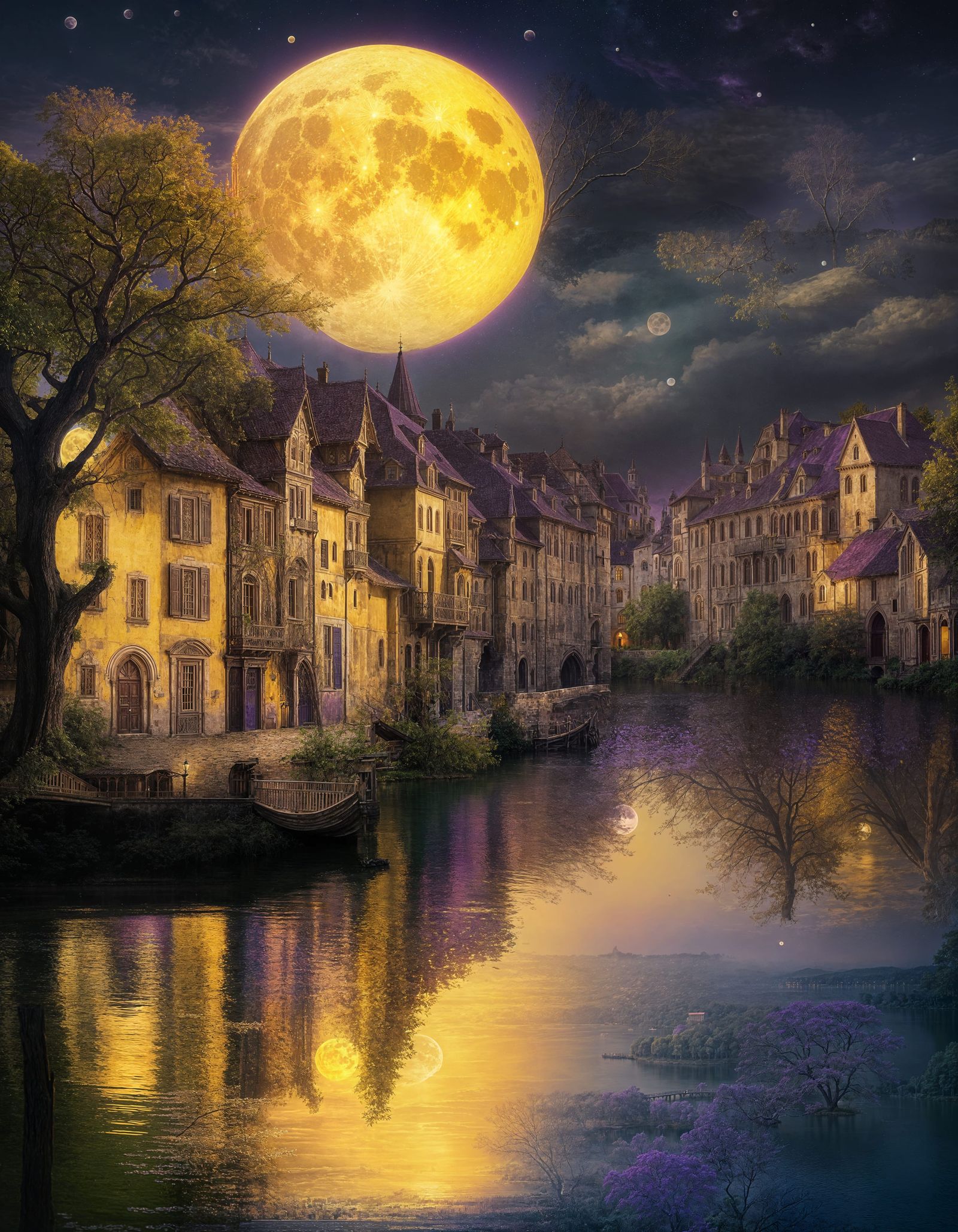 Renaissance Lake Village Under a Purple Moon