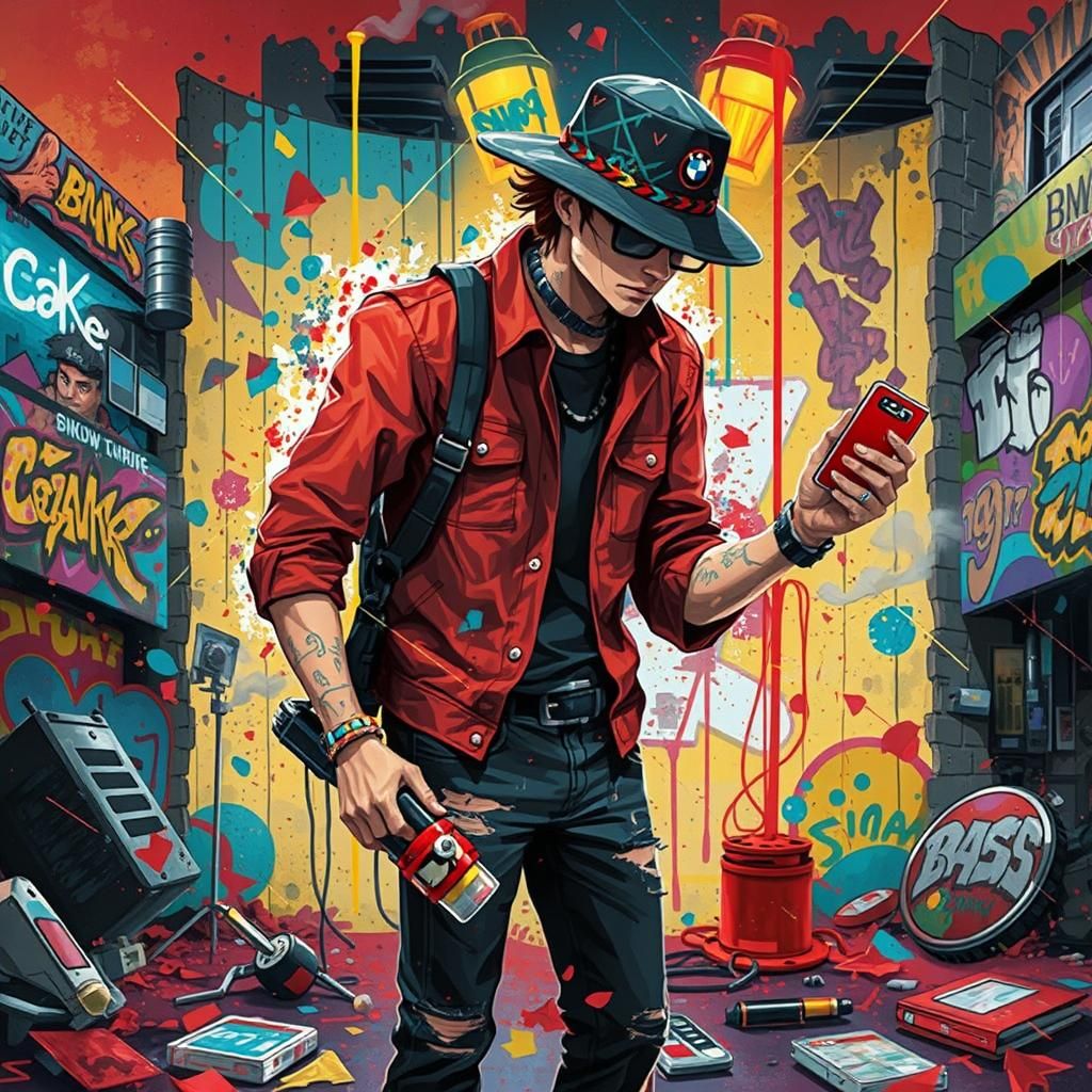 Cyberpunk Cityscape with Graffiti Car in 3D Art Style