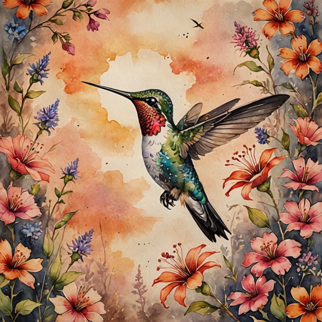 Hummingbird in Watercolor with Vivid Sunset Sky