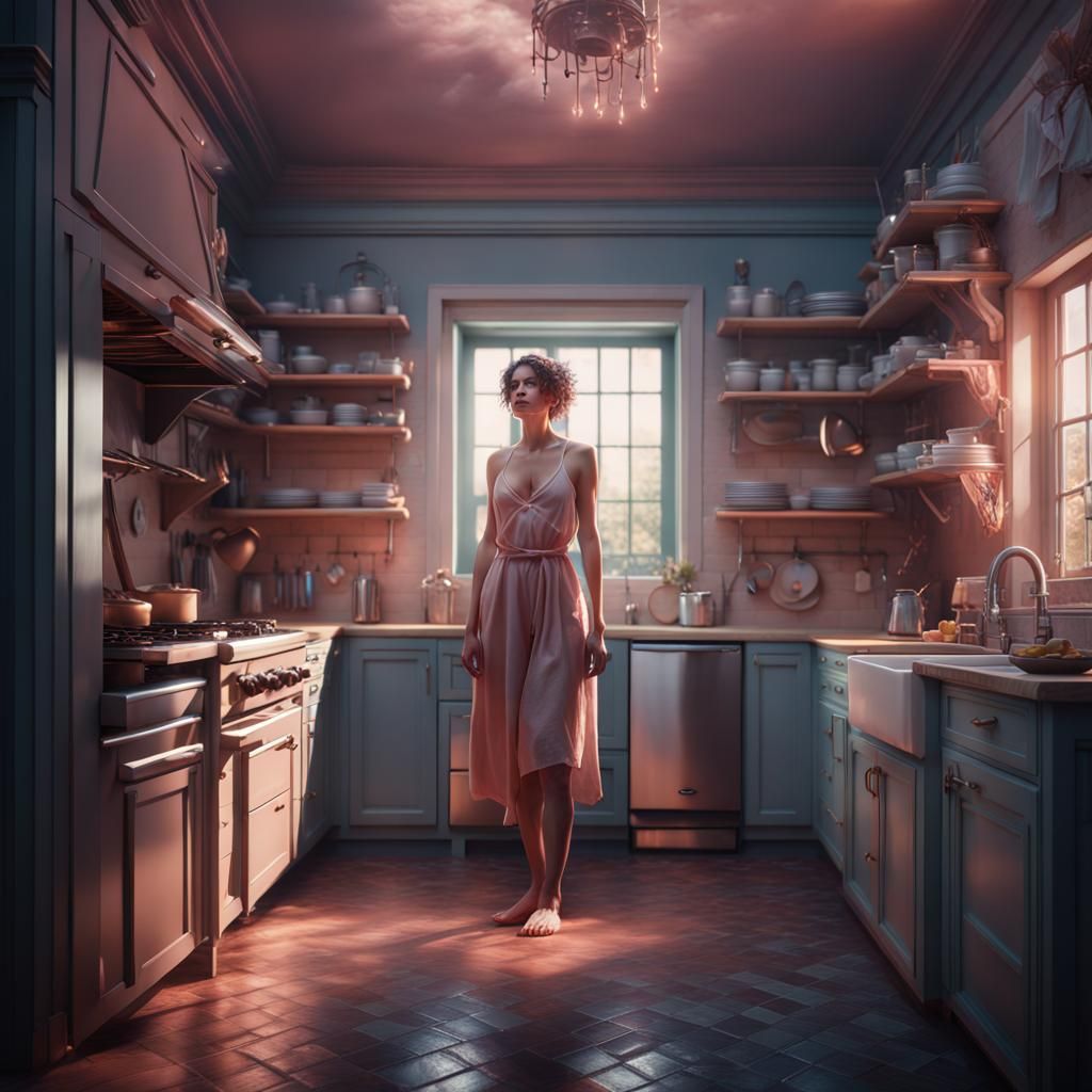 Pastel Nude Figure in Kitchen, Detailed Matte Painting