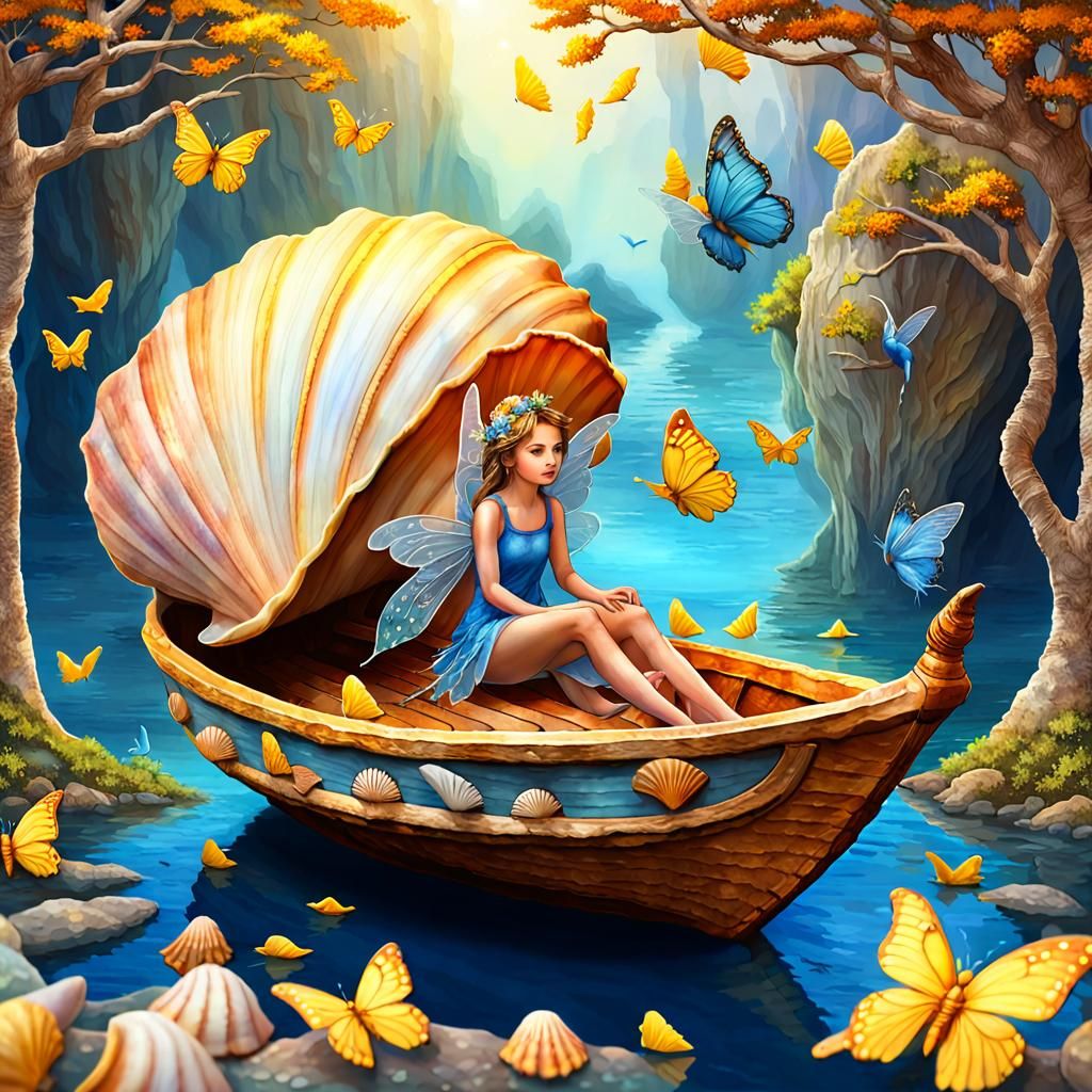 Fairy in a Boat with seashell roof