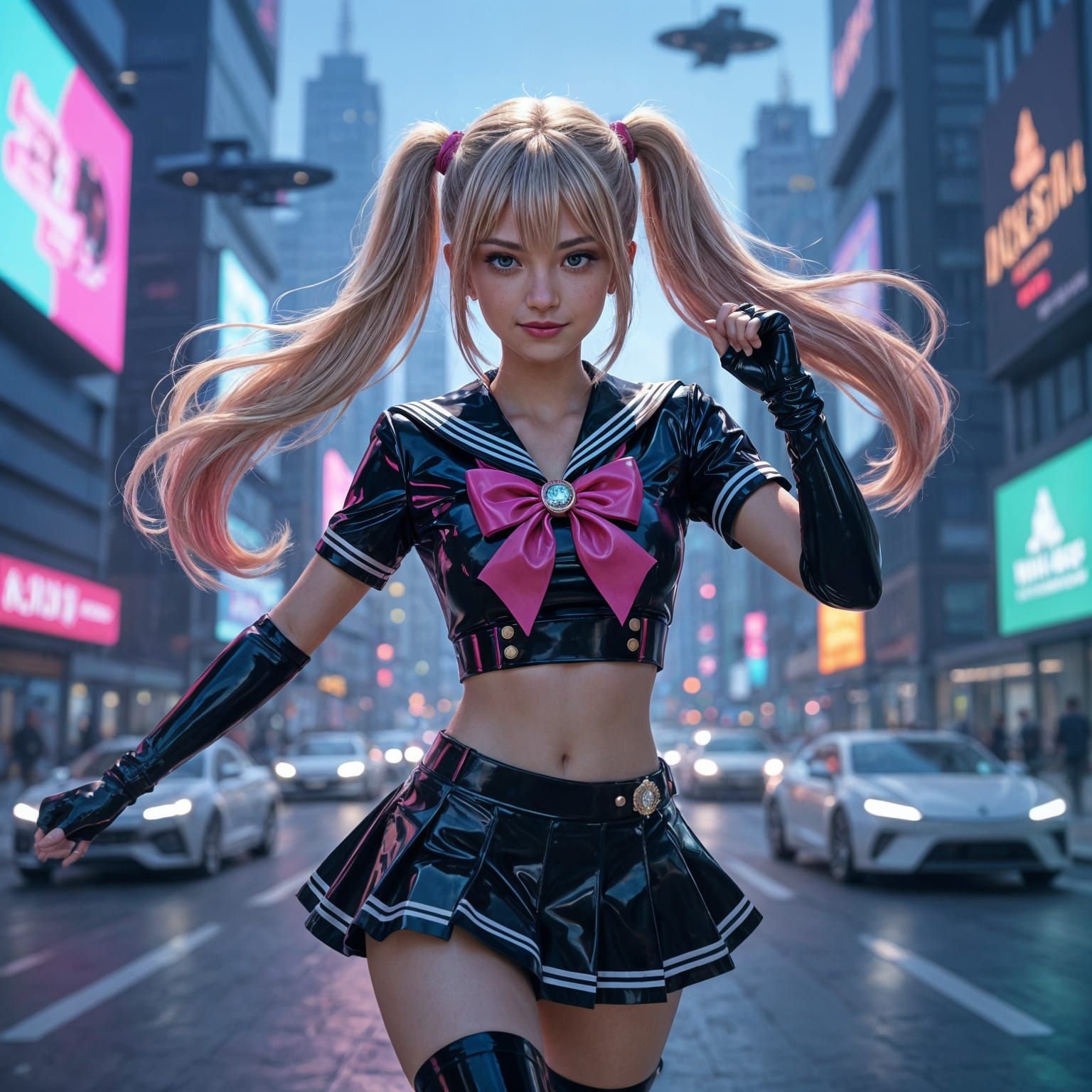 Cyberpunk Magical Girl in Futuristic Cityscape