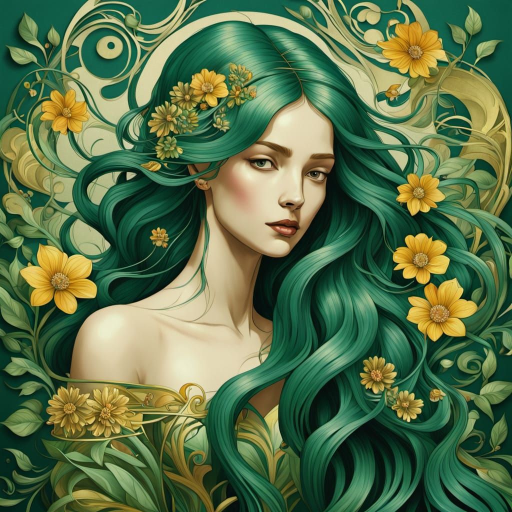Art Nouveau Woman Portrait with Flowing Hair and Flowers