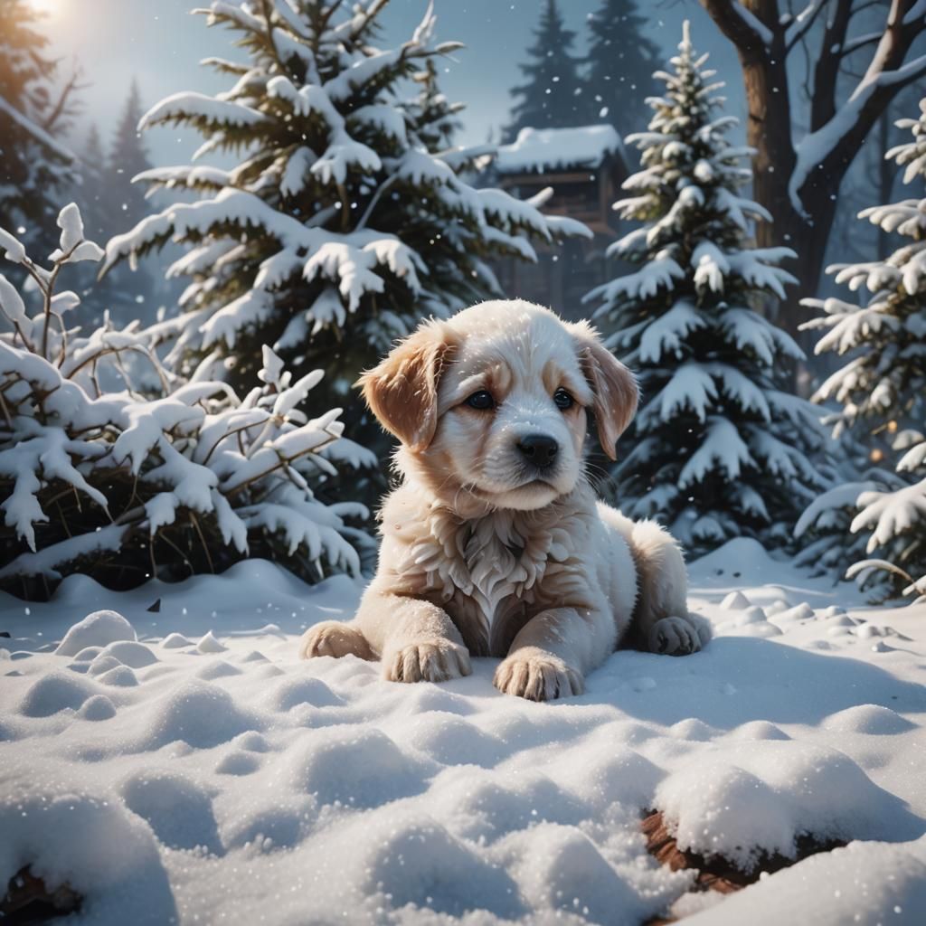 Puppy Covered in Snow, Detailed Matte Painting