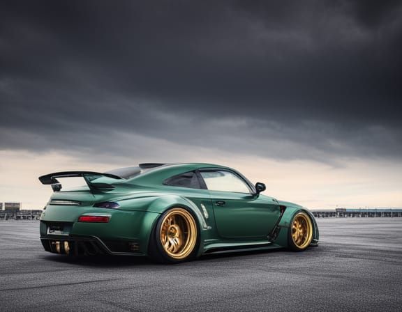 British Racing Green Car with Gold Wheels