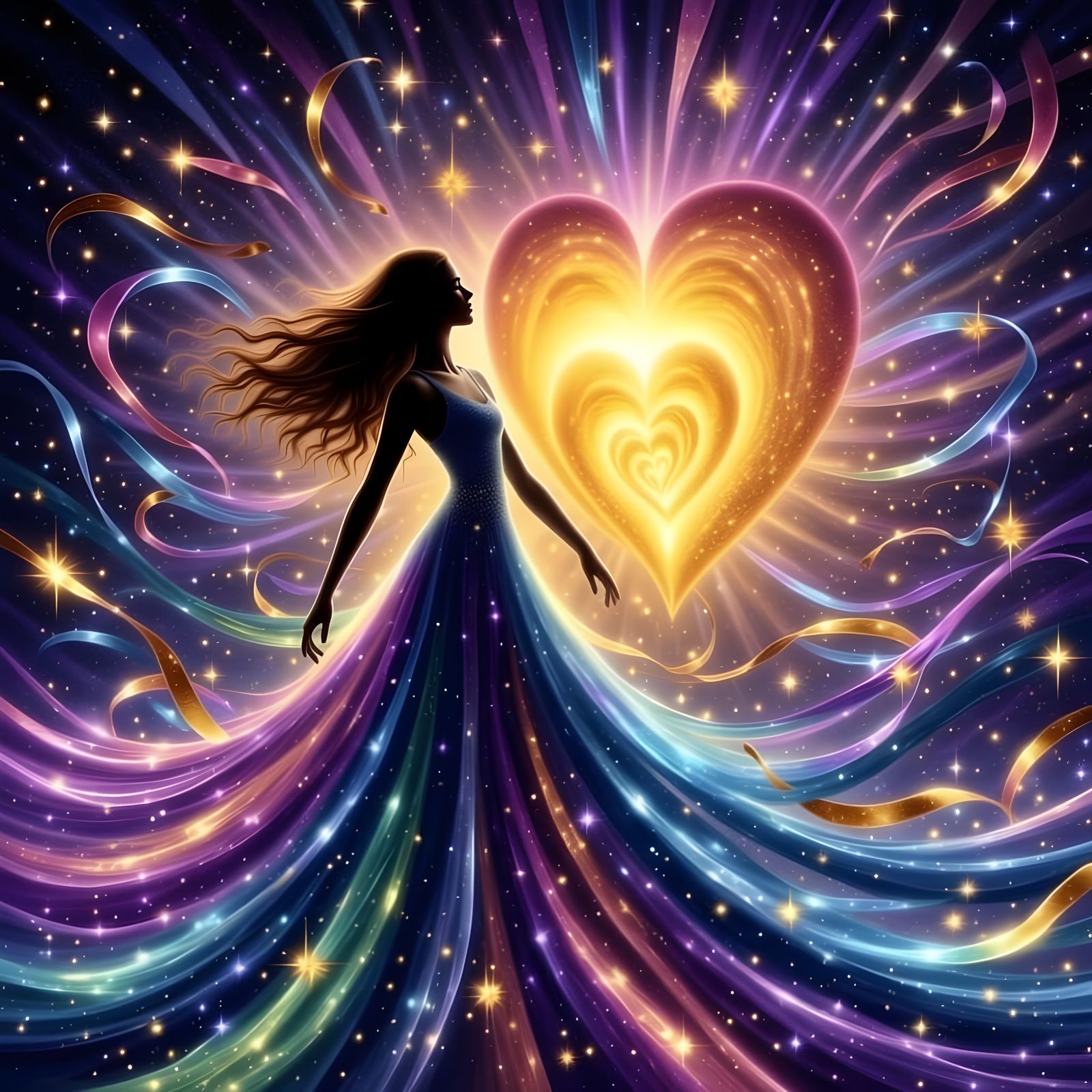 Woman Embracing Radiant Heart in Cosmic Explosion