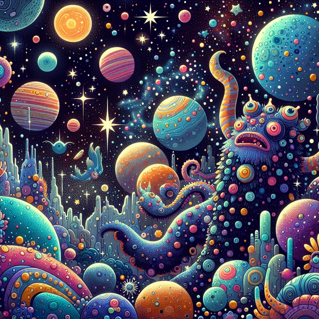 Whimsical Space Illustration with Outlandish Creatures