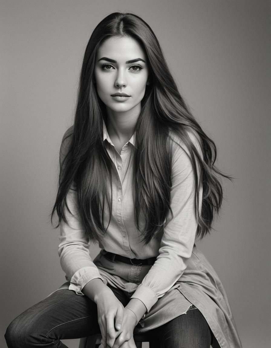 brown hair stool posing bw