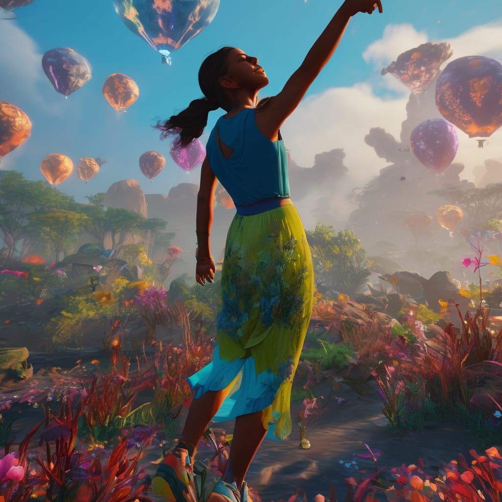Ethereal Whimsy: Vibrant Woman Soars Amidst Fantasy Landscap...