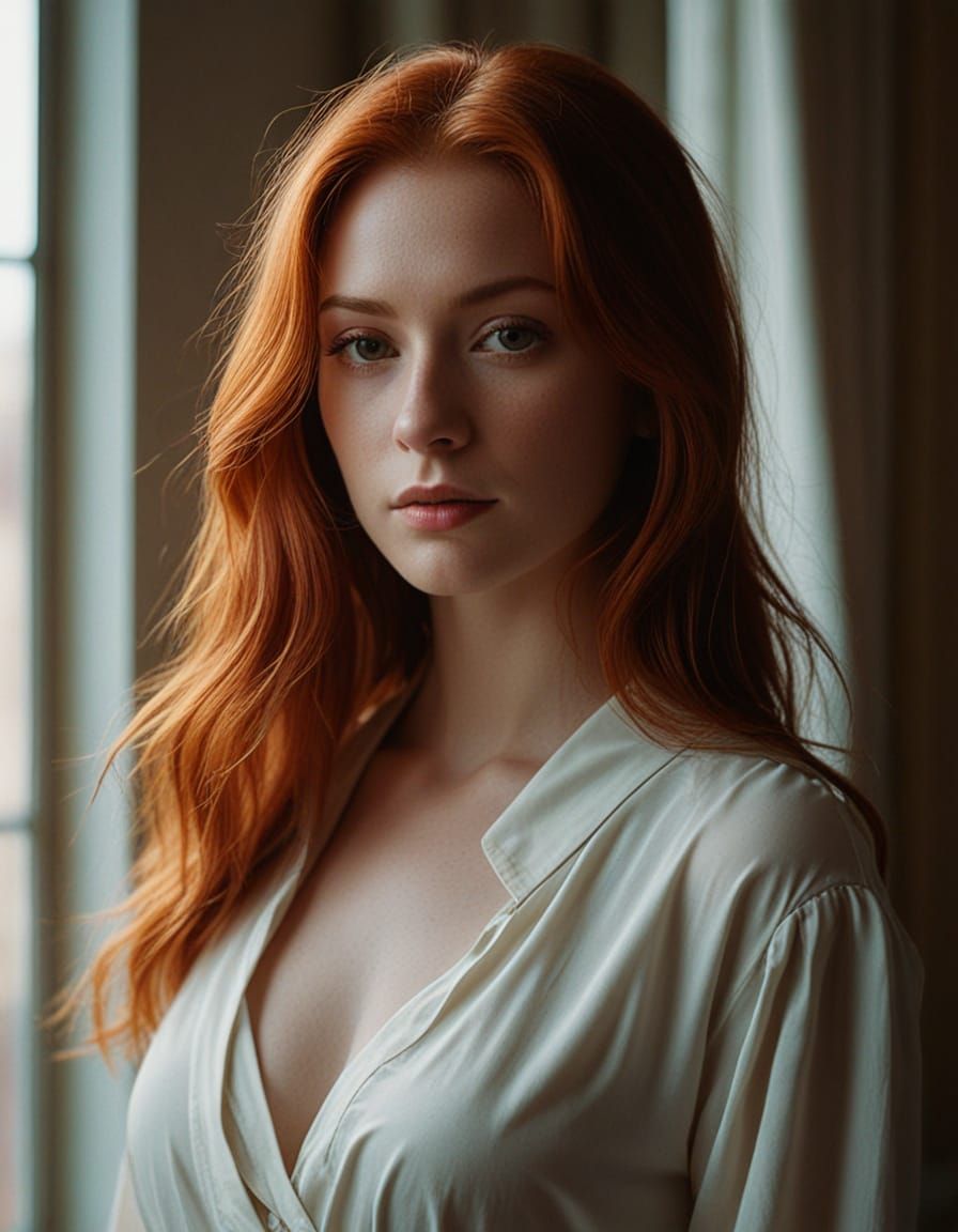 Woman with Red Hair in Window Light: Cinematic Film Still