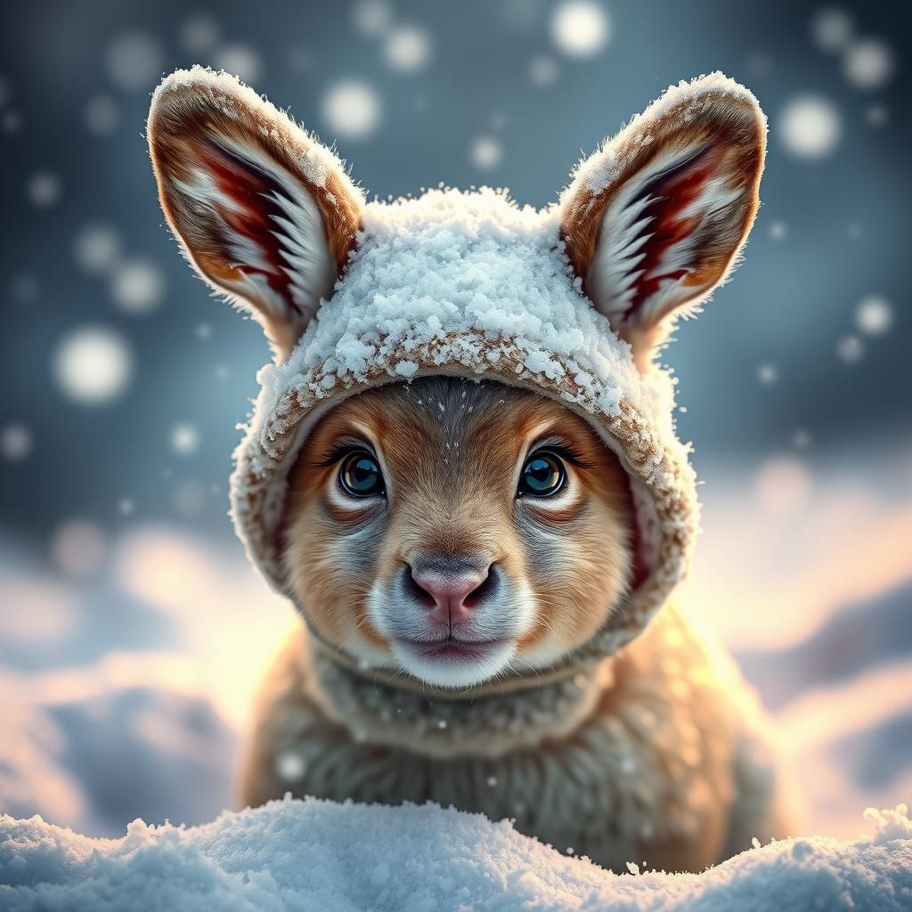 Adorable Baby Antelope in Snow, Hyperrealistic Art