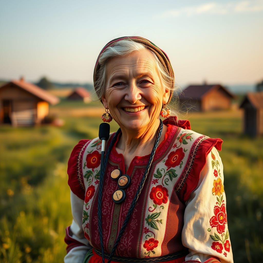 Elderly Romanian Woman in Folk Costume, Humorous Expression