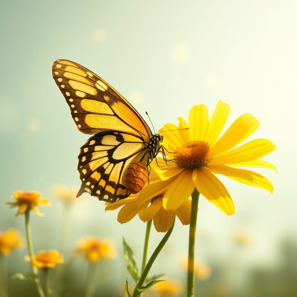 Surreal Yellow Flowers Unveil Butterfly Emerging from Cocoon