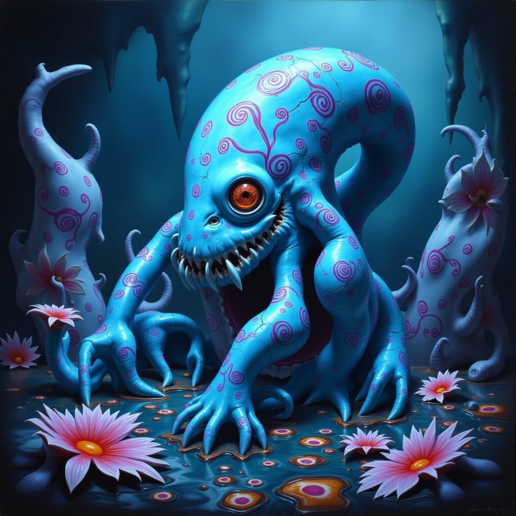 Giant Blue Slug Monster in Underwater Cave